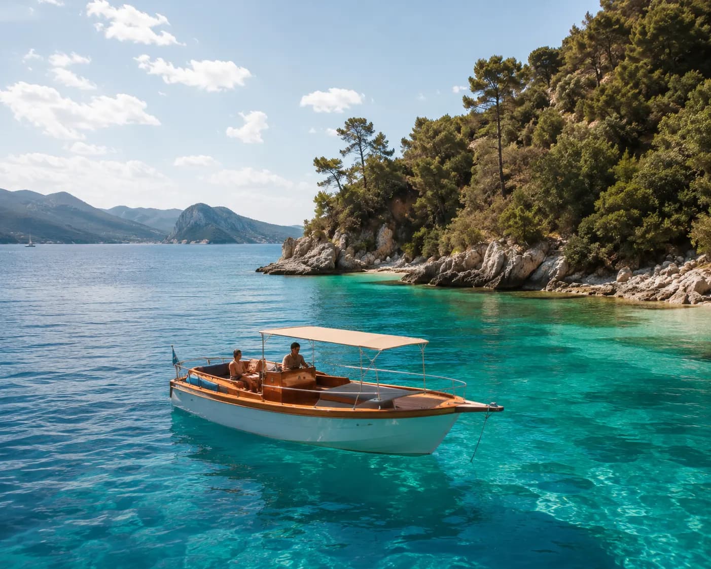 Two people aboard a small wooden boat anchored in clear water beside a wooded, rocky shoreline.