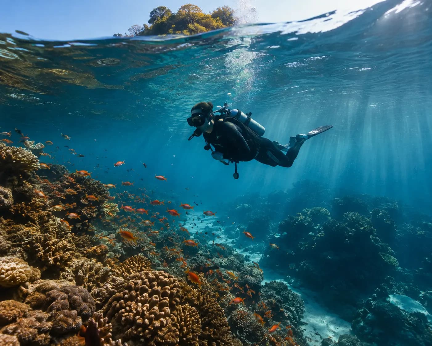A scuba diver above a coral reef, shoals of small orange fish in the sunlit shallows.