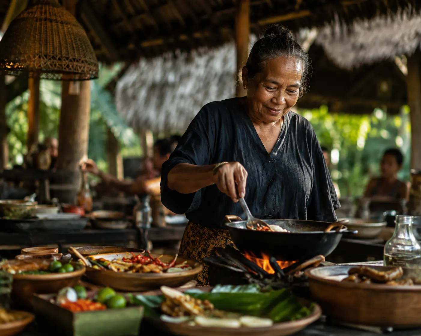 A woman cooking over an open flame in an open-air kitchen, bowls of vegetables and spices in front of her.